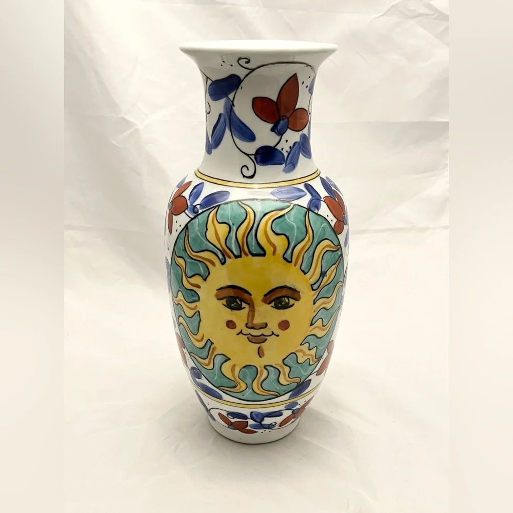 Hand-Painted Sunburst Ceramic Vase, 12 inch tall, MCM Home Decor EUC